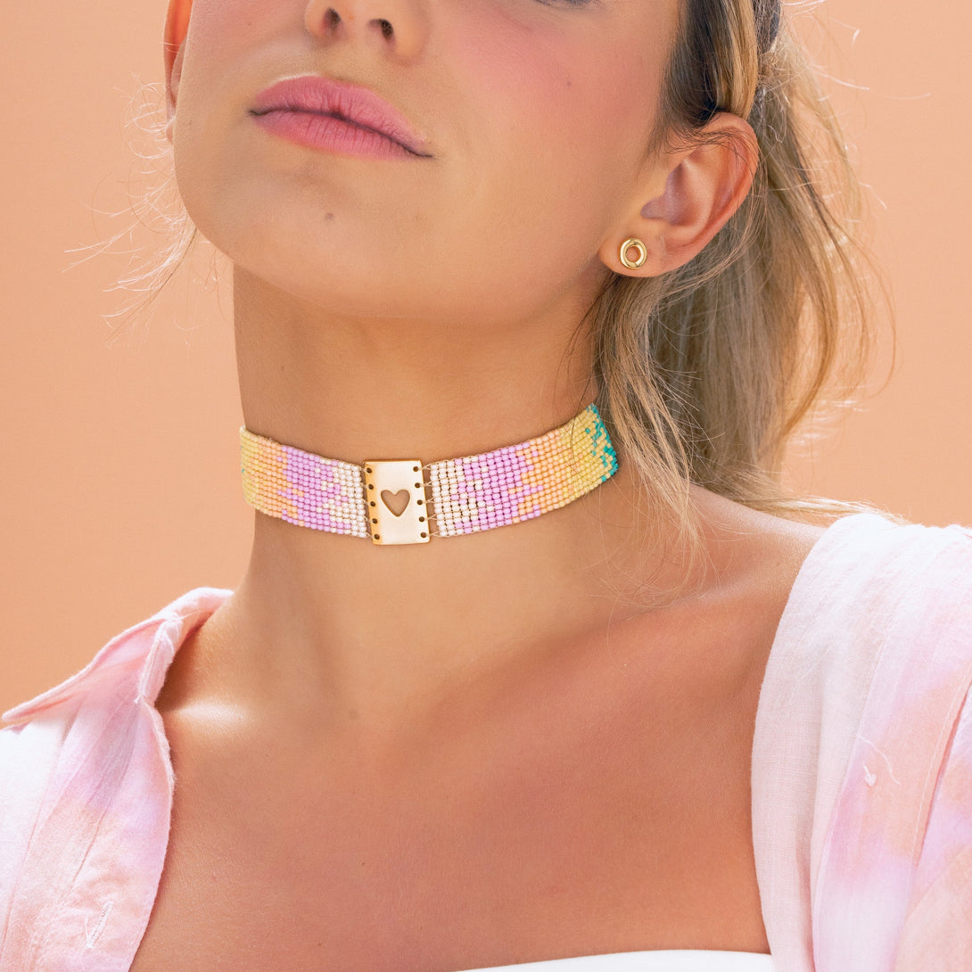 Choker Tejido Con Dije De Corazón + Aretes