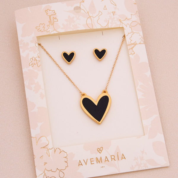 Set cadena + aretes corazon  negro