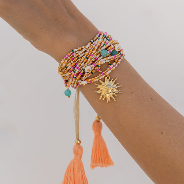 Pulsera Tejida con Dije de Sol + Aretes