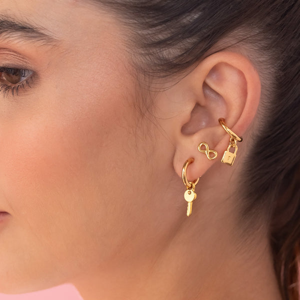 Set Aretes Earcuff Dije De Candado + Candongas Dije De Llave +Topos Infininito