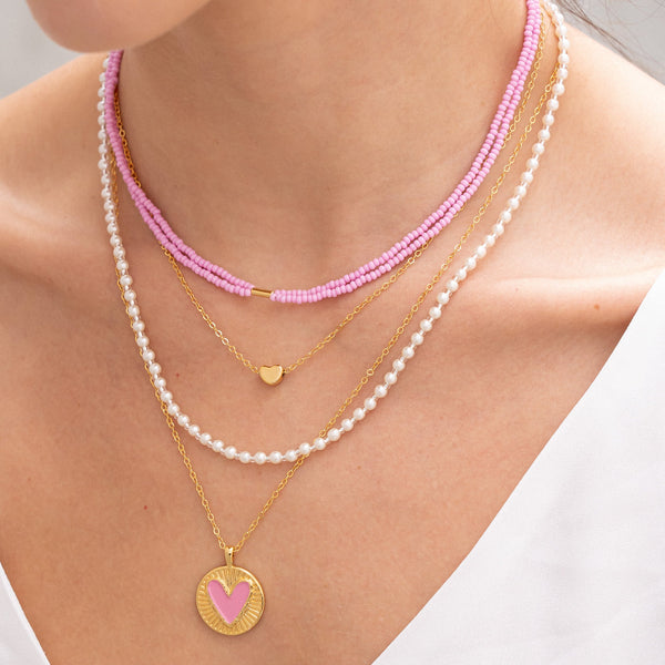 Set Collar Con Dije De Corazón Fucsia + Aretes